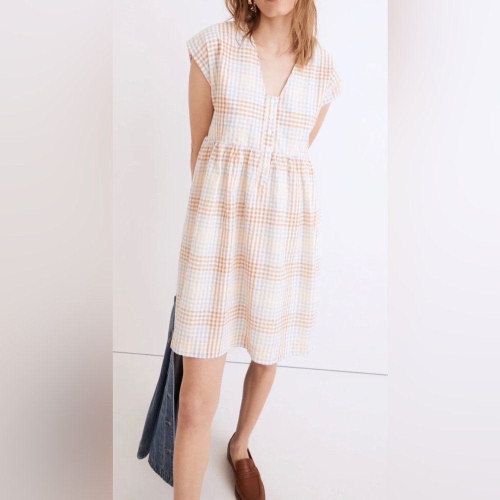 Madewell Cap-Sleeve Button-Front Mini Dress in Plaid